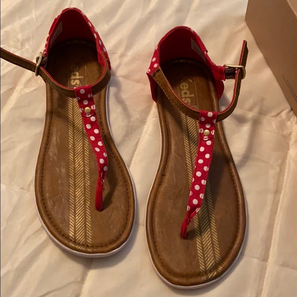 Keds sandals, red with white polka dots